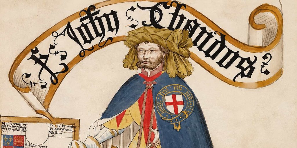 Sir John Chandos as portrayed in the Bruges Garter Book.