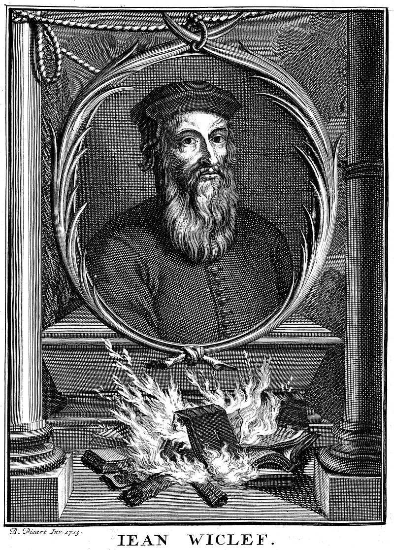Portrait of John Wycliffe by Bernard Picart, showing the burning of his works (1714)