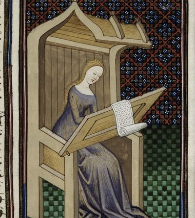 Egidia and the Earl. Image illustrative of a working, literate, lady of the period. Erithrean Sibyl from BL Royal 16 G V, f. 23