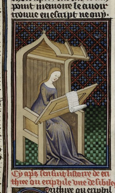 Egidia and the Earl. Image illustrative of a working, literate, lady of the period. Erithrean Sibyl from BL Royal 16 G V, f. 23