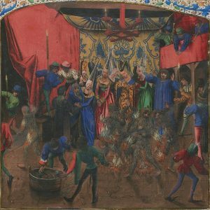 Ball of the Burning Men (Bal des Ardents) by the Master of Anthony of Burgundy (c. 1470s), showing a dancer in the wine vat in the foreground, Charles huddling under the Duchess of Berry's skirt at middle left, and burning dancers in the center