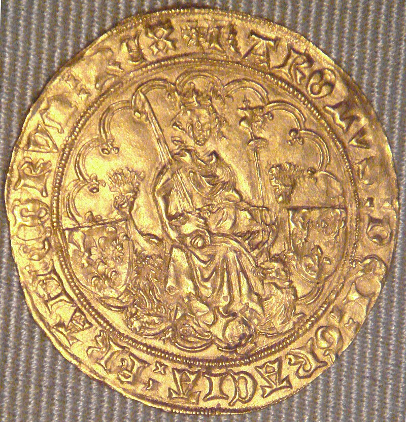 A coin of Charles VI, a "double d'or", minted in La Rochelle in 1420. By World Imaging, photographed at Cabinet des Medailles - Own work, Public Domain, https://commons.wikimedia.org/w/index.php?curid=5947849