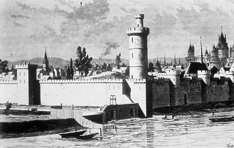 Louvre 1358-1365: The Bois tower on the banks of the Seine and the Louvre castle in the background on the right