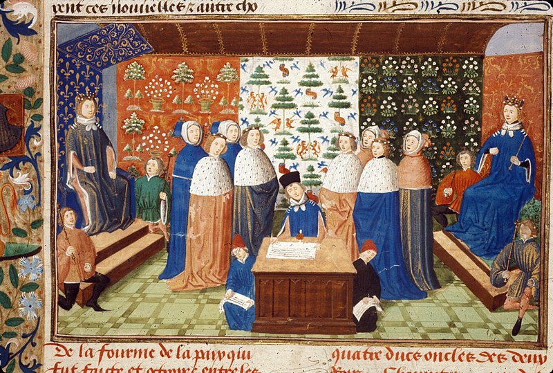 Charles VI, King of France, and Richard II, King of England, sign a truce in 1389, illustration from Harley manuscript of Jean Froissart's Chronicles.