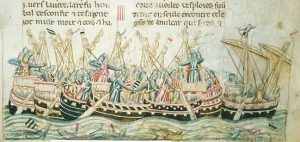 Minature of a naval battle including Galleys similar to the ones used by thr Castillians in support of France c1380.