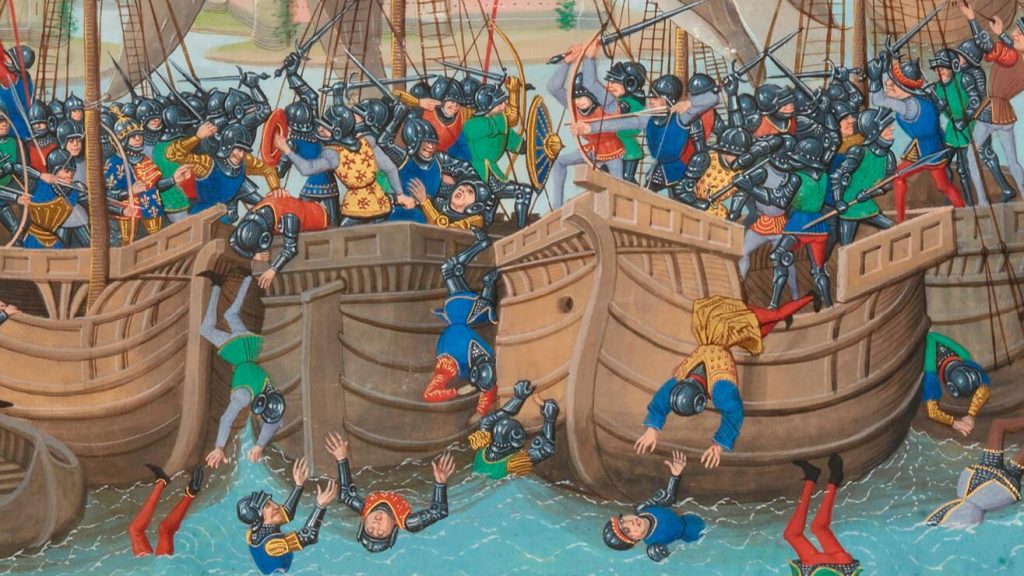 Hundred Years War naval battle showing soldiers fighting on ships and falling into the water, from Froissart's Chronicles