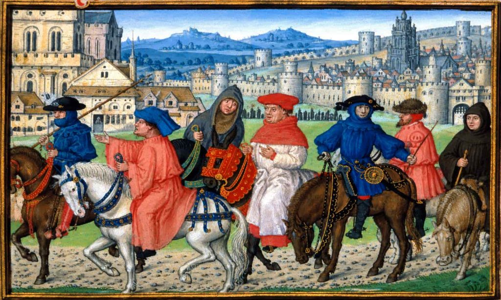 Canterbury Tales pilgrims travelling towards Canterbury in a medieval manuscript illustration.