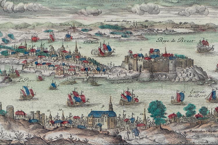 18th century etching illustrating a birds eye view of the Port of Brest