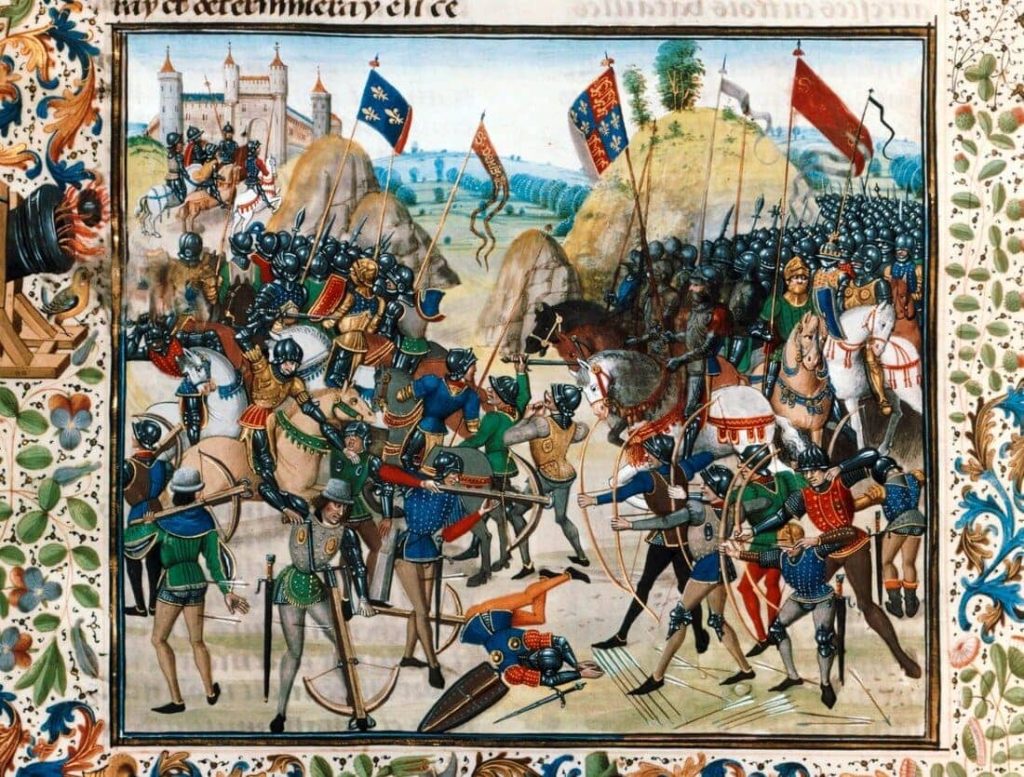 Edward, the Black Prince, commanding at the Battle of Crecy. from Froissart's Chronicles.