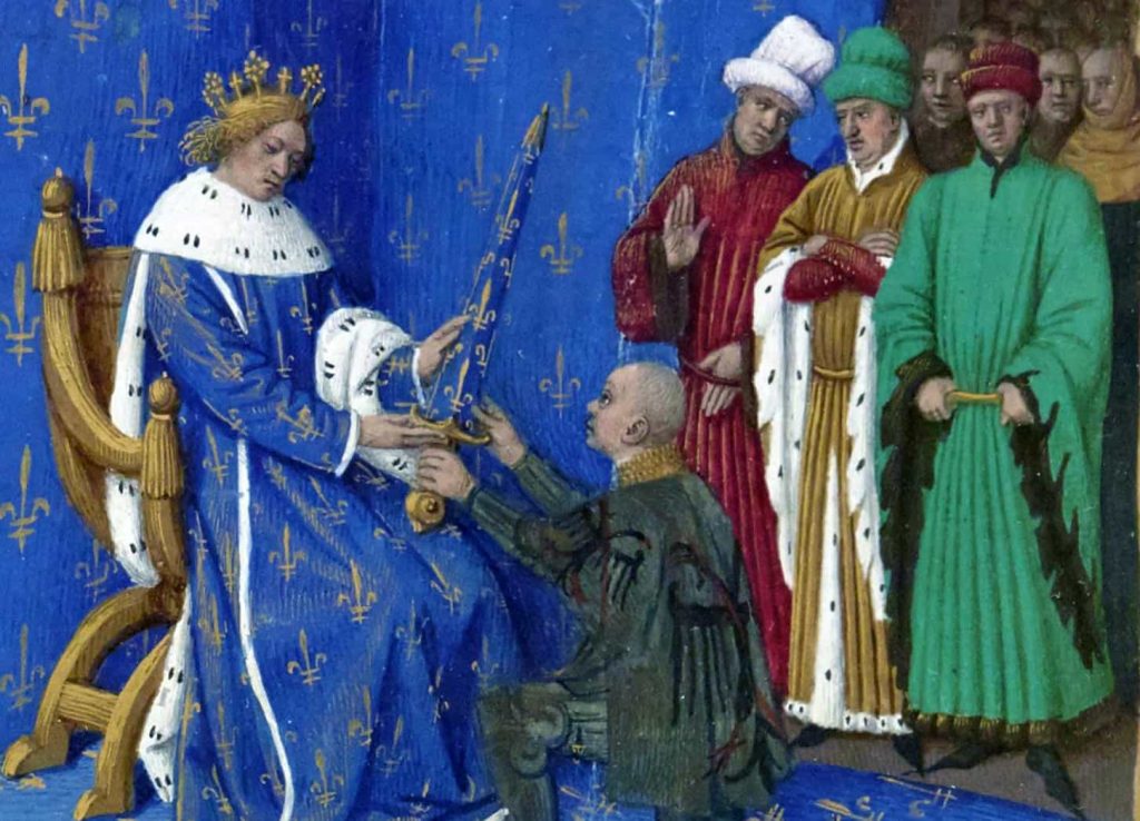 Charles V presenting Bertrand du Guesclin with the Constable of France's sword of office.