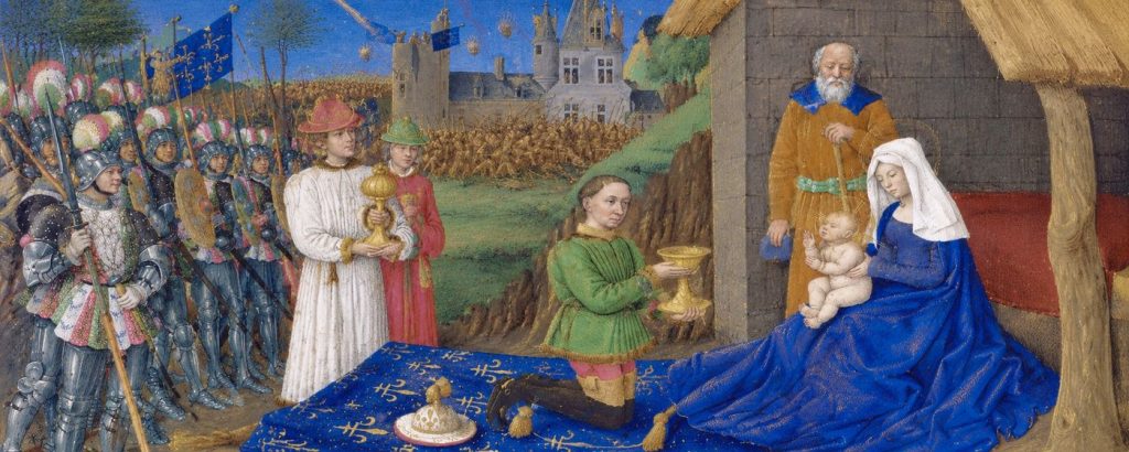 Charles VII depicted as one of the Magi kneeling before the Virgin and Christ Child, surrounded by armed guards.