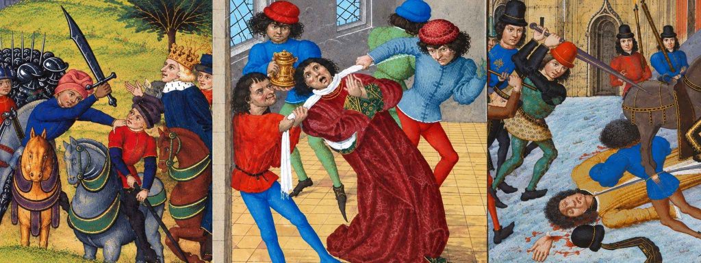 Medieval chronicle scenes depicting political assassinations during the Hundred Years War