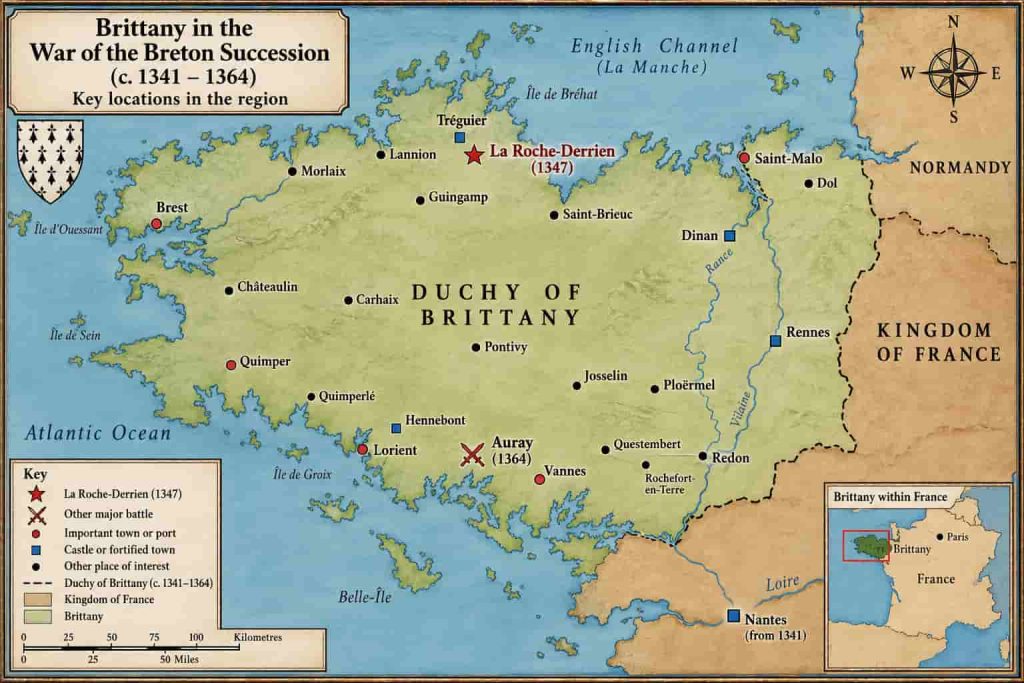 Map of Brittany highlighting location of Battle of La Roche-Derrien