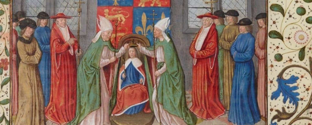 Medieval manuscript illumination depicting the coronation of Henry VI as King of France.