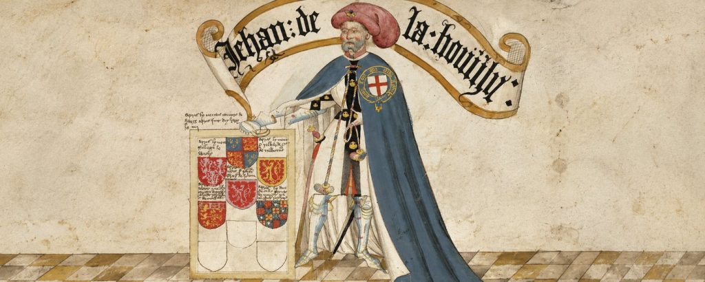 Jean de Grailly, Captal de Buch, wearing a blue mantle and Garter insignia in a medieval manuscript illumination.