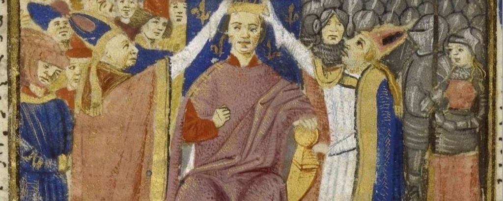 Joan of Arc beside Charles VII at his coronation in a medieval manuscript illumination.
