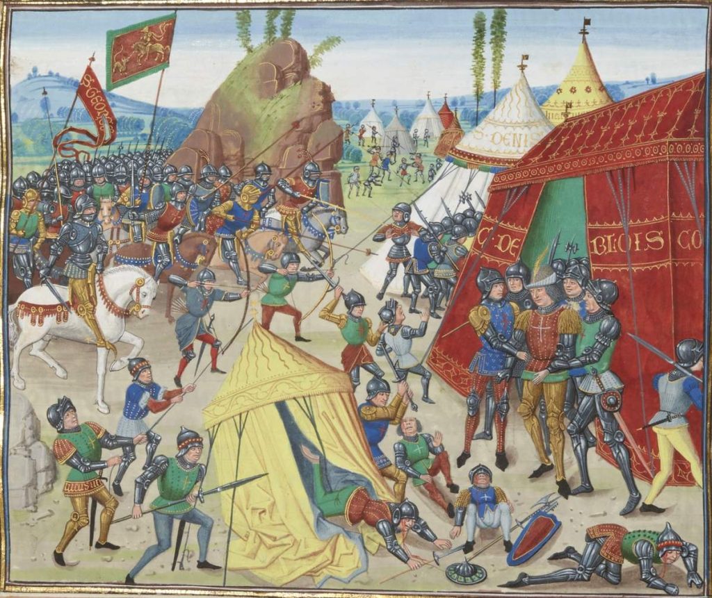 Medieval manuscript illustration the capture of Charles of Blois at La Roche-Derrien.