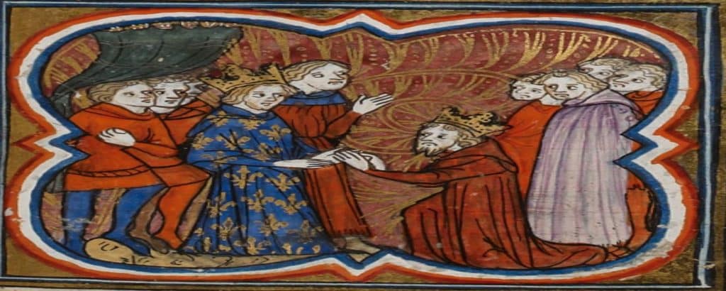 Edward III pays homage to Philip VI of France in a medieval manuscript illumination.