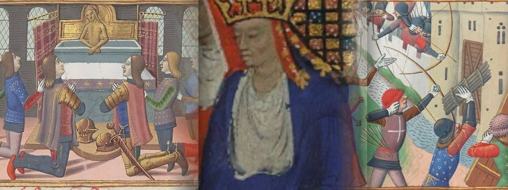 Medieval manuscript scenes depicting the Church, religious worship and warfare during the Hundred Years War
