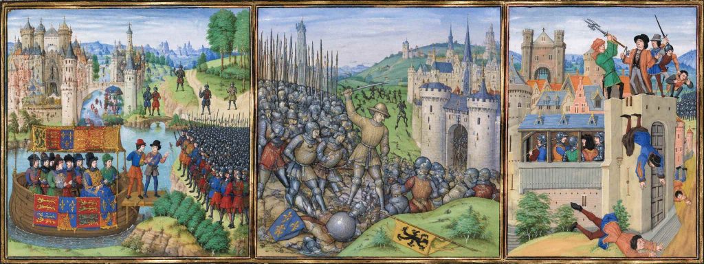 Medieval manuscript scenes depicting revolts in England, Flanders and France