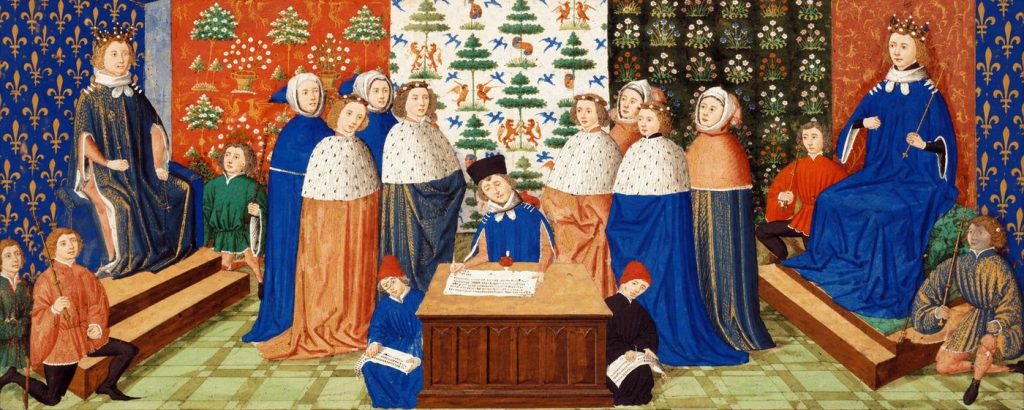Charles VI, King of France, and Richard II, King of England, sign a truce in 1389, illustration from Harley manuscript of Jean Froissart's Chronicles.