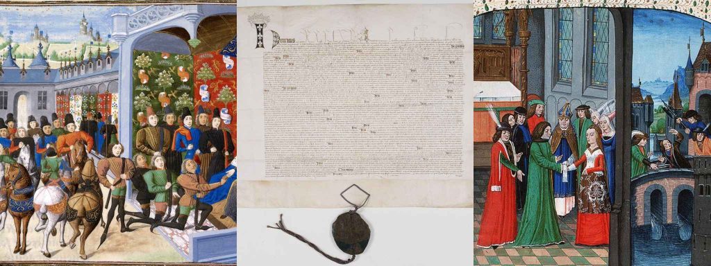 Medieval manuscript scenes depicting diplomacy, royal marriage and a treaty document during the Hundred Years War