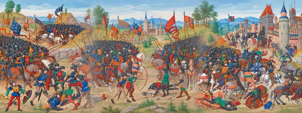 Medieval manuscript scenes depicting battles in Scotland, Castile and Brittany during the Hundred Years War