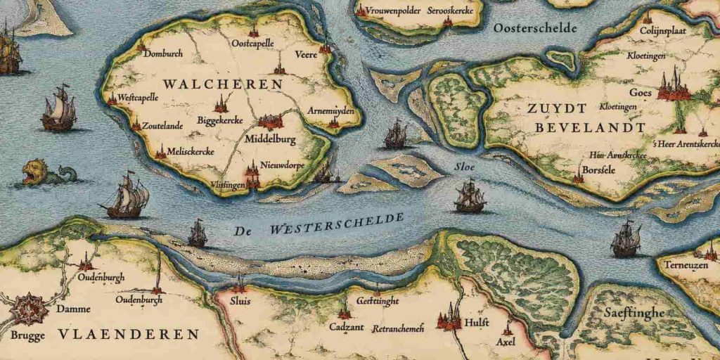 Map of Zeeland, showing Walcheren, Arnemuiden and the waterways linking the island to the shipping routes of the Scheldt.